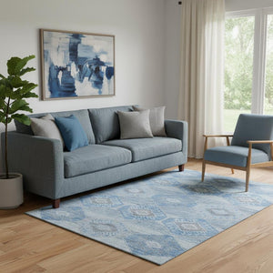 HomeRoots 5' X 8' Blue and Gray Geometric Washable Area Rug with UV Protection – Durable, Stylish & Easy-Care! 705985