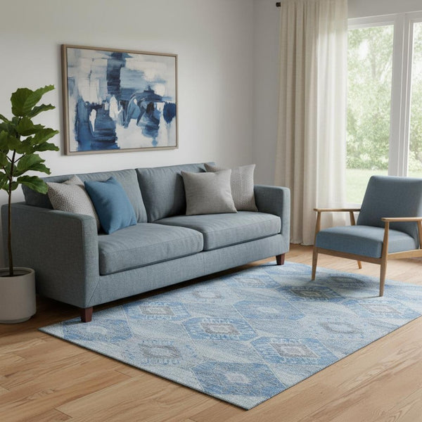 HomeRoots 5' X 8' Blue and Gray Geometric Washable Area Rug with UV Protection – Durable, Stylish & Easy-Care! 705985