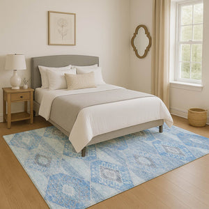 HomeRoots 5' X 8' Blue and Gray Geometric Washable Area Rug with UV Protection – Durable, Stylish & Easy-Care! 705985