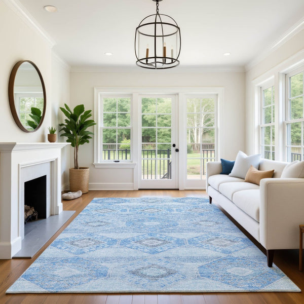 HomeRoots 5' X 8' Blue and Gray Geometric Washable Area Rug with UV Protection – Durable, Stylish & Easy-Care! 705985