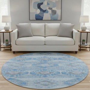 HomeRoots 8' Blue and Gray Geometric Washable Round Rug - Soft, Durable & UV Protected for Modern Spaces 705986