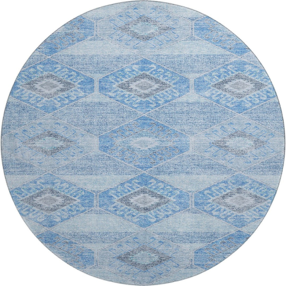 HomeRoots 8' Blue and Gray Geometric Washable Round Rug - Soft, Durable & UV Protected for Modern Spaces 705986