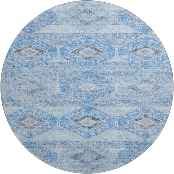 HomeRoots 8' Blue and Gray Geometric Washable Round Rug - Soft, Durable & UV Protected for Modern Spaces 705986