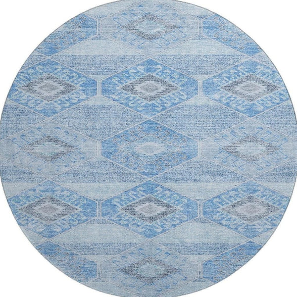HomeRoots 8' Blue and Gray Geometric Washable Round Rug - Soft, Durable & UV Protected for Modern Spaces 705986
