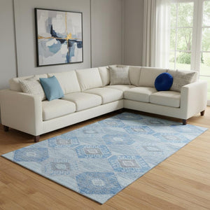HomeRoots 8' X 10' Washable Blue and Gray Geometric Area Rug with UV Protection for Modern Living Spaces 705987