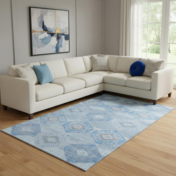 HomeRoots 8' X 10' Washable Blue and Gray Geometric Area Rug with UV Protection for Modern Living Spaces 705987