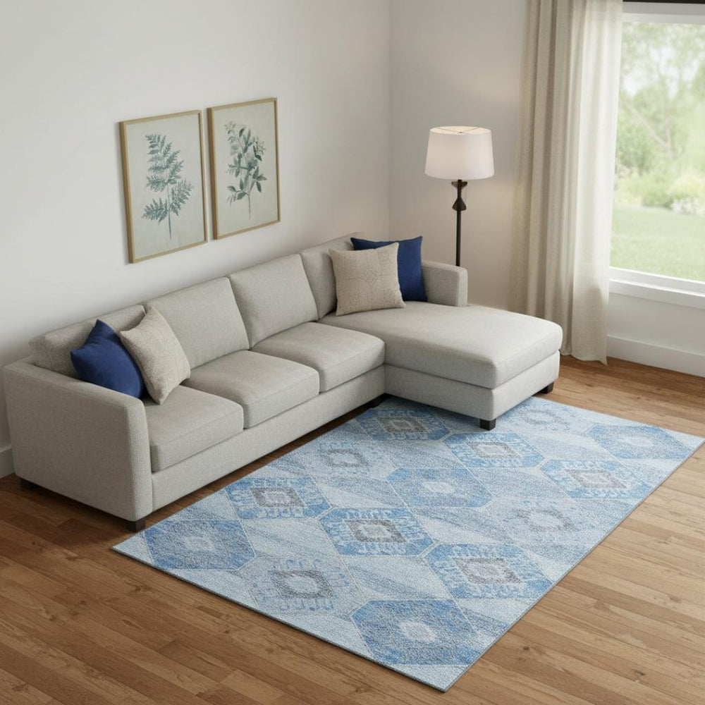 HomeRoots 10' Blue and Gray Geometric Washable Area Rug – Stylish, Durable, Stain Resistant with UV Protection! 705989