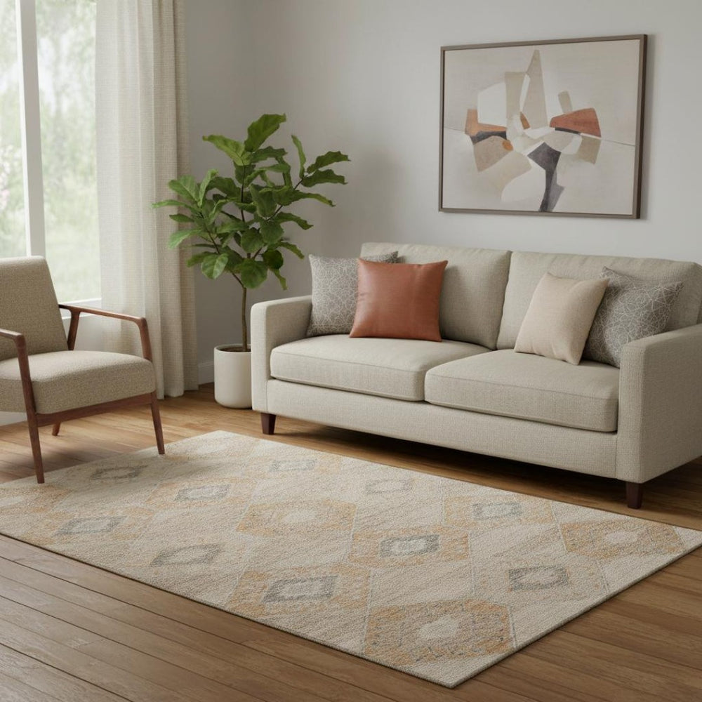 HomeRoots 5' Stylish Copper & Gray Geometric Area Rug – Washable, UV-Protected, Durable for High-Traffic Spaces 705991