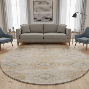 HomeRoots 8' Stylish Copper and Gray Geometric Round Washable Rug with UV Protection for High-Traffic Areas 705992