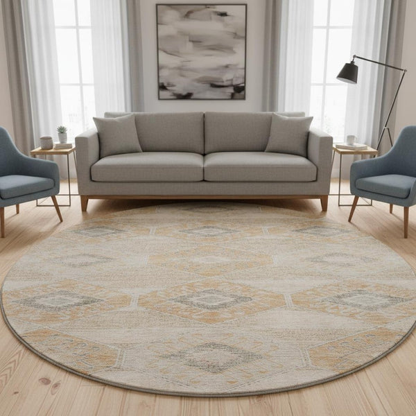 HomeRoots 8' Stylish Copper and Gray Geometric Round Washable Rug with UV Protection for High-Traffic Areas 705992