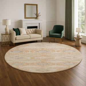 HomeRoots 8' Stylish Copper and Gray Geometric Round Washable Rug with UV Protection for High-Traffic Areas 705992