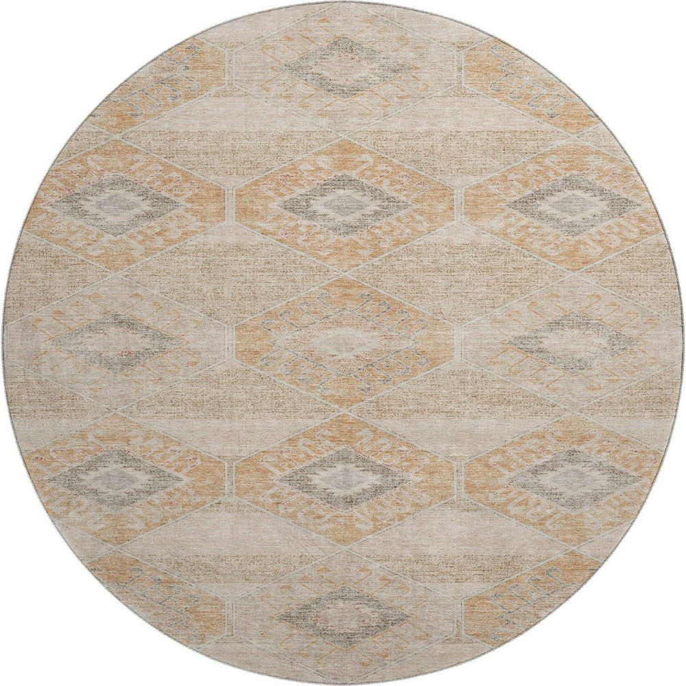 HomeRoots 8' Stylish Copper and Gray Geometric Round Washable Rug with UV Protection for High-Traffic Areas 705992