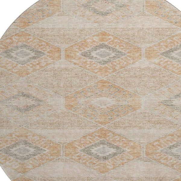 HomeRoots 8' Stylish Copper and Gray Geometric Round Washable Rug with UV Protection for High-Traffic Areas 705992