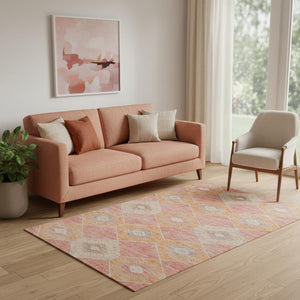 HomeRoots 5' X 8' Coral Orange & Beige Geometric Area Rug – Washable, UV-Protected, Stain-Resistant, Durable Design 705997