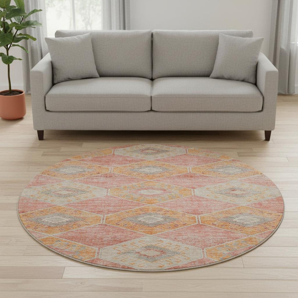 HomeRoots 8' Coral Orange & Beige Geometric Round Rug – Washable, Stain-Resistant, UV-Protected for Modern Homes 705998