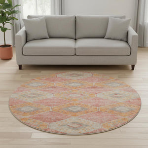 HomeRoots 8' Coral Orange & Beige Geometric Round Rug – Washable, Stain-Resistant, UV-Protected for Modern Homes 705998