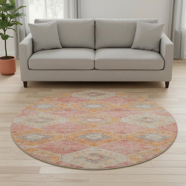 HomeRoots 8' Coral Orange & Beige Geometric Round Rug – Washable, Stain-Resistant, UV-Protected for Modern Homes 705998