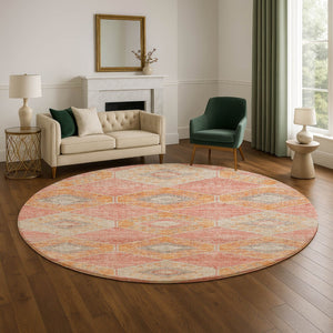 HomeRoots 8' Coral Orange & Beige Geometric Round Rug – Washable, Stain-Resistant, UV-Protected for Modern Homes 705998