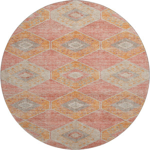 HomeRoots 8' Coral Orange & Beige Geometric Round Rug – Washable, Stain-Resistant, UV-Protected for Modern Homes 705998