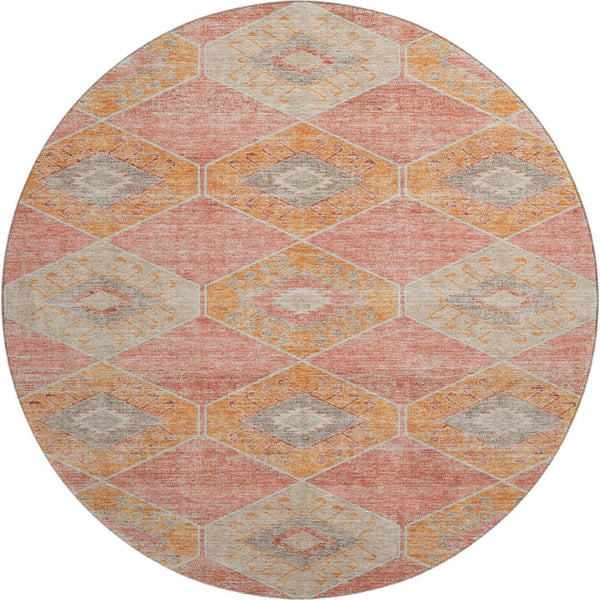 HomeRoots 8' Coral Orange & Beige Geometric Round Rug – Washable, Stain-Resistant, UV-Protected for Modern Homes 705998