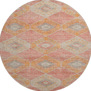HomeRoots 8' Coral Orange & Beige Geometric Round Rug – Washable, Stain-Resistant, UV-Protected for Modern Homes 705998