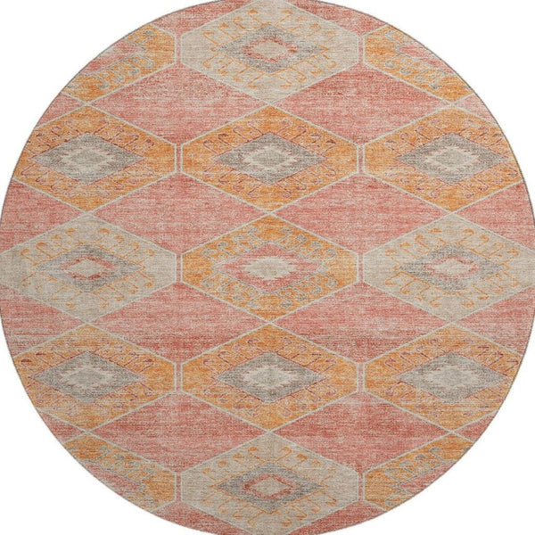HomeRoots 8' Coral Orange & Beige Geometric Round Rug – Washable, Stain-Resistant, UV-Protected for Modern Homes 705998