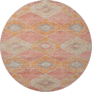 HomeRoots 8' Coral Orange & Beige Geometric Round Rug – Washable, Stain-Resistant, UV-Protected for Modern Homes 705998