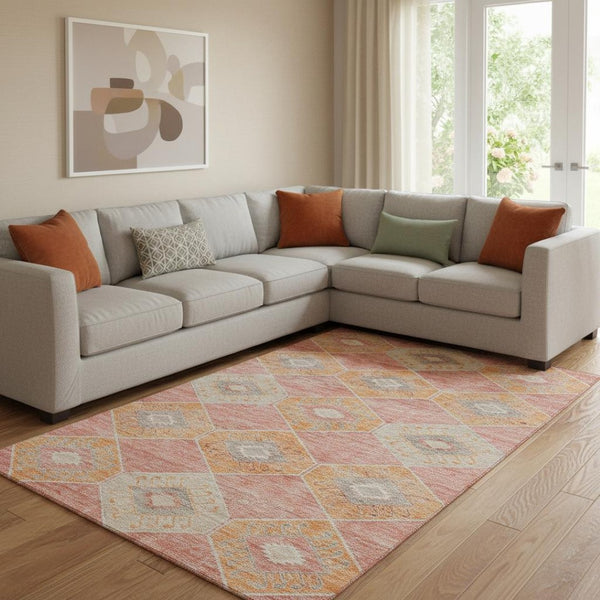 HomeRoots 8' X 10' Coral Orange & Beige Geometric Washable Area Rug - Durable, UV Protected, Easy Care Design 705999