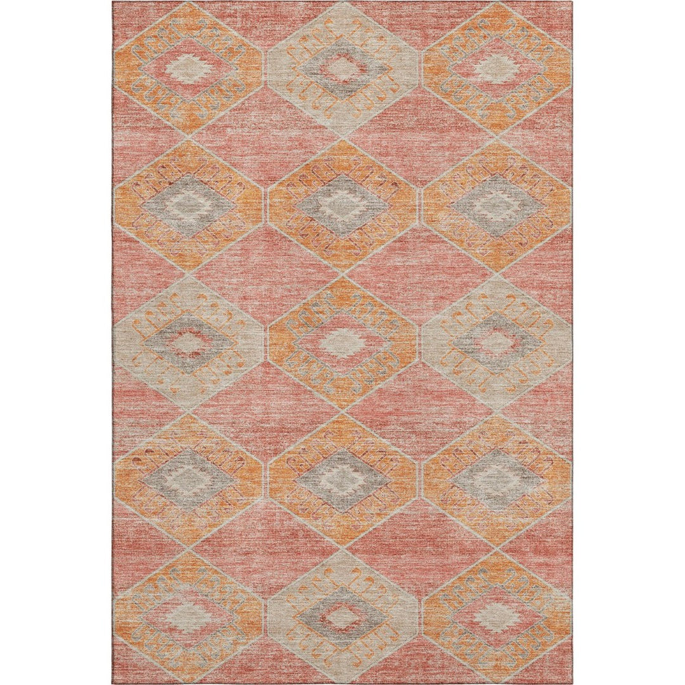 HomeRoots 8' X 10' Coral Orange & Beige Geometric Washable Area Rug - Durable, UV Protected, Easy Care Design 705999