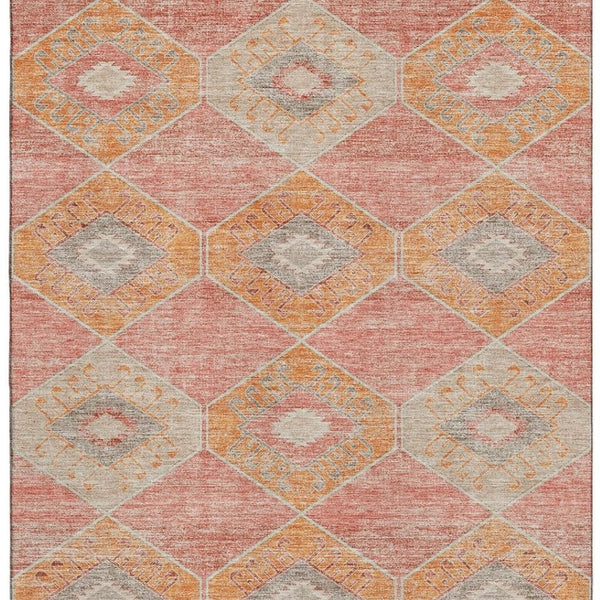 HomeRoots 8' X 10' Coral Orange & Beige Geometric Washable Area Rug - Durable, UV Protected, Easy Care Design 705999