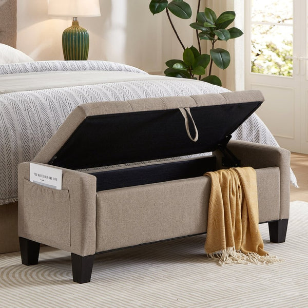 English Elm Ottoman Storage Bench Tufted Linen Upholstered Entryway Seat with Lift Top Shelf Linen W2186P469999