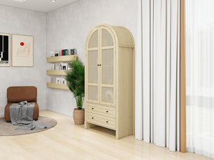 English Elm 70.28" Tall Arched Kitchen Pantry - Elegant Storage Cabinet With Adjustable Shelves & Rattan Door Design W688P204449
