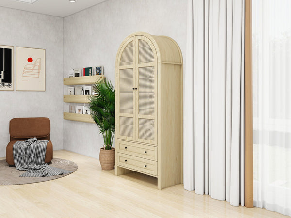 English Elm 70.28" Tall Arched Kitchen Pantry - Elegant Storage Cabinet With Adjustable Shelves & Rattan Door Design W688P204449