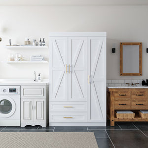 English Elm Shaker Three Door Wardrobe Armoire with Hanging Rod and Shelves for Bedroom White T3210S00005