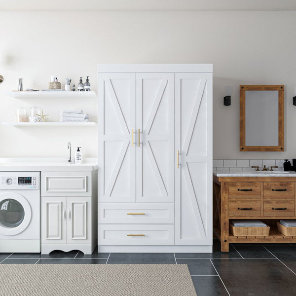English Elm Shaker Three Door Wardrobe Armoire with Hanging Rod and Shelves for Bedroom White T3210S00005