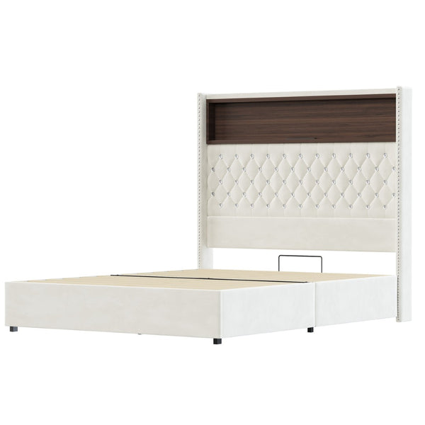 English Elm Full Velvet Wingback Platform Bed Tufted Headboard Shelf Usb Port Rivet Trim N733P368653A