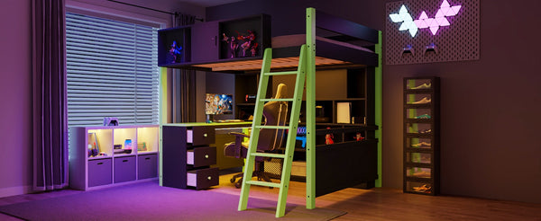 English Elm Full Size Gaming Loft Bed with Led Lighting Desk Drawers and Display Shelving Green LT000263AAF