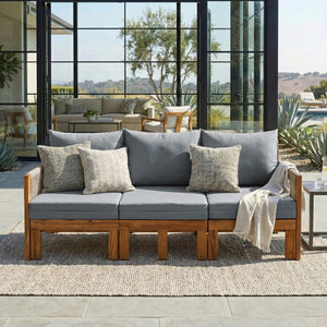 English Elm Outdoor Acacia Wood Dining Set Seats Six with Cushioned Armrest Chairs for Patio Grey,Natural Wood N719Z000220E