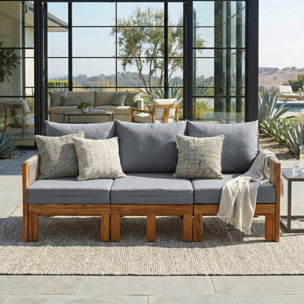 English Elm Outdoor Acacia Wood Dining Set Seats Six with Cushioned Armrest Chairs for Patio Grey,Natural Wood N719Z000220E