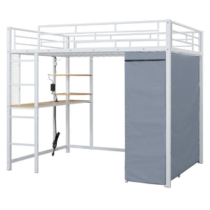 English Elm Full Loft Metal Bed with Built-In Desk, LED Strip, Power Outlet and Fabric Wardrobe for Space-Saving Living White SF000179AAK