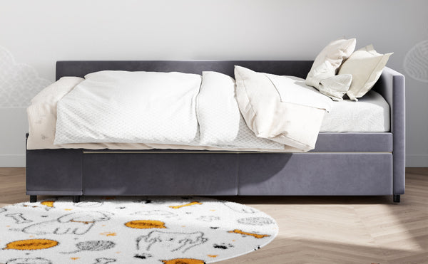 English Elm Twin Velvet L-Shaped Upholstered Platform Bed with Plush Headboard, Hidden Drawers & Cabinet Storage Gray SF000182AAE