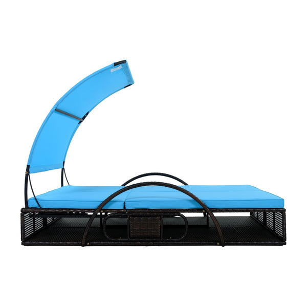 English Elm U_style Outdoor Double Sun Lounger Hdpe Wicker Steel Frame with Canopy Pop up Tables Blue WY000485AAC