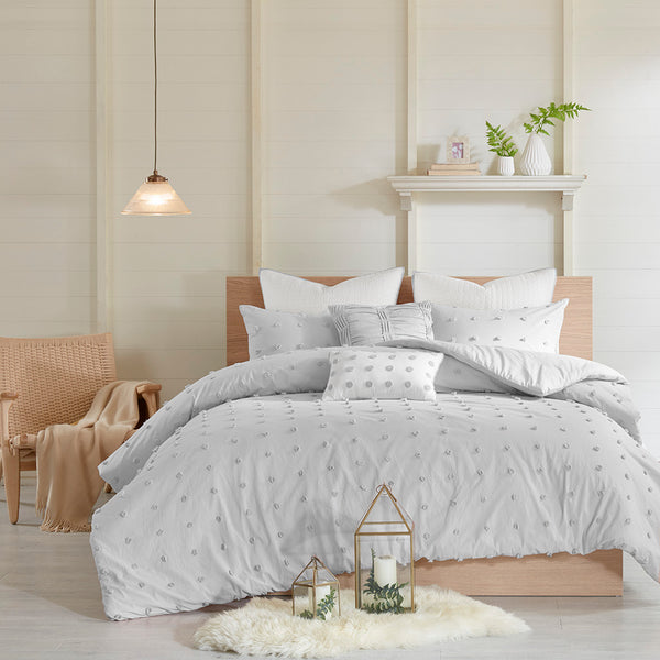JLA Home Urban Habitat - Cotton Brooklyn Cotton Jacquard Duvet Cover Set with Tufted Chenille Dots, Quilted Euro Shams and Pillows Grey UH12-2163