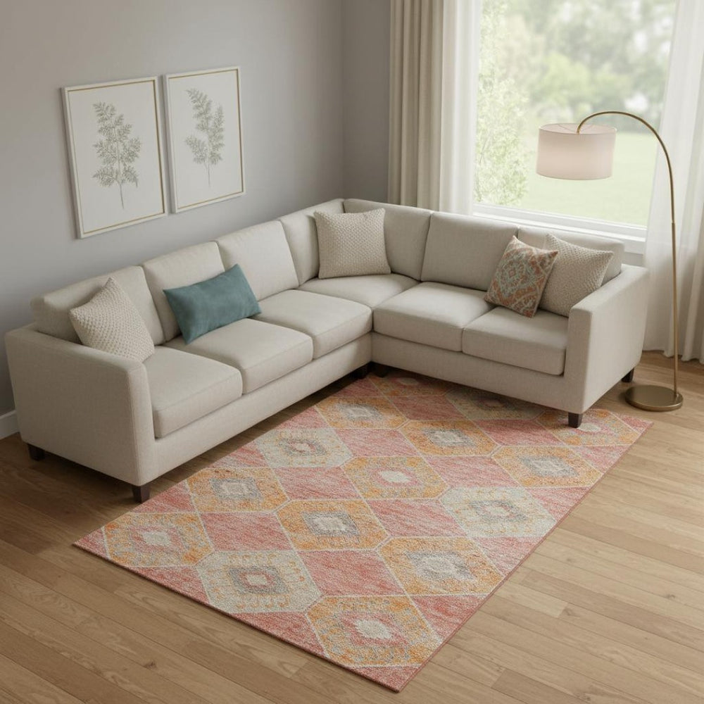 HomeRoots 9' Coral Orange and Beige Geometric Area Rug - Washable, UV Protected, Durable for High-Traffic Spaces 706000