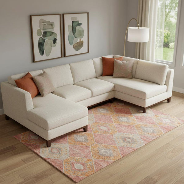 HomeRoots 10' Coral Orange & Beige Geometric Area Rug - Washable, UV Protected, Non-Slip for High Traffic Spaces 706001