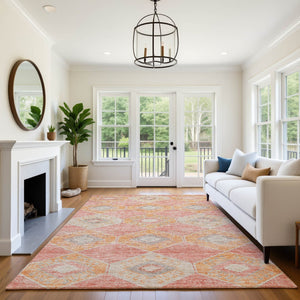 HomeRoots 10' Coral Orange & Beige Geometric Area Rug - Washable, UV Protected, Non-Slip for High Traffic Spaces 706001