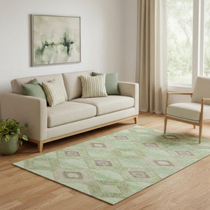 HomeRoots 5' Washable Green & Beige Geometric Area Rug - Durable, UV-Protected, Non-Slip for Active Homes 706003
