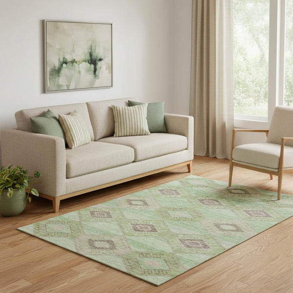 HomeRoots 5' Washable Green & Beige Geometric Area Rug - Durable, UV-Protected, Non-Slip for Active Homes 706003
