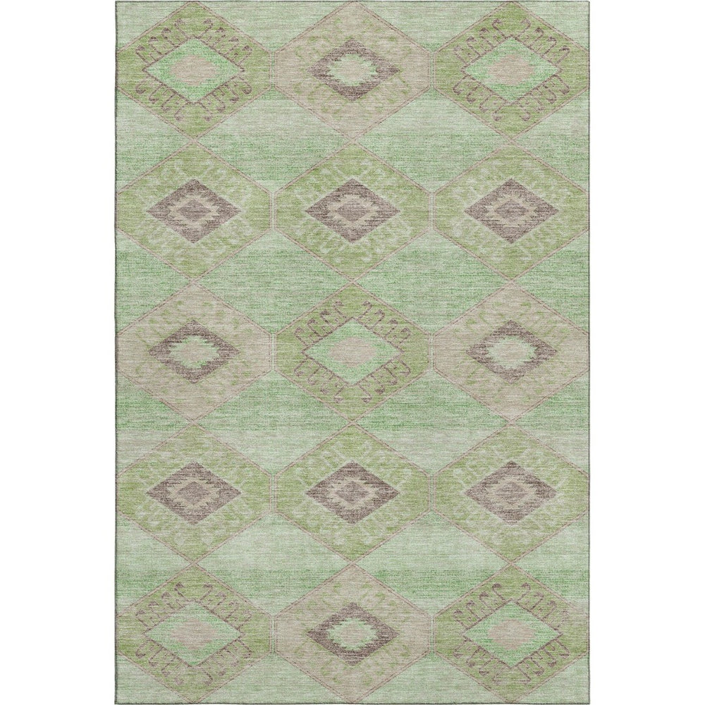 HomeRoots 5' Washable Green & Beige Geometric Area Rug - Durable, UV-Protected, Non-Slip for Active Homes 706003