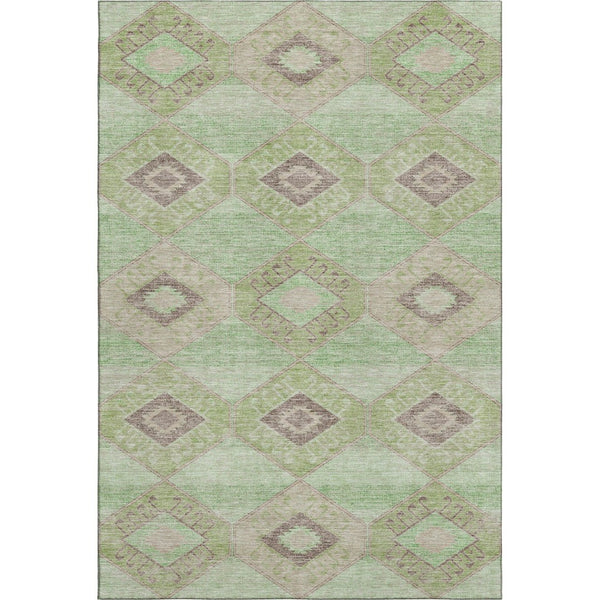 HomeRoots 5' Washable Green & Beige Geometric Area Rug - Durable, UV-Protected, Non-Slip for Active Homes 706003